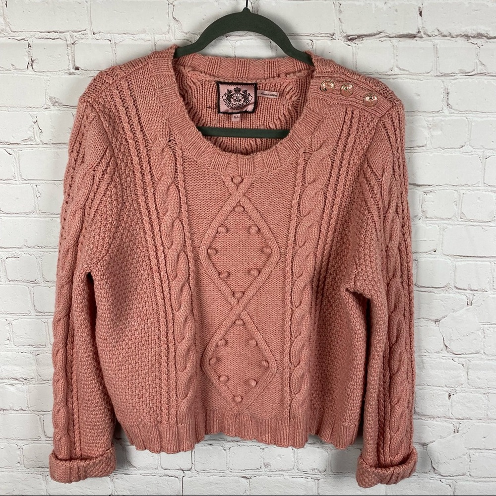 Juicy Couture Cable Pullover Sweater Wool Alpaca Cuffed Sleeve Fisherman Knit